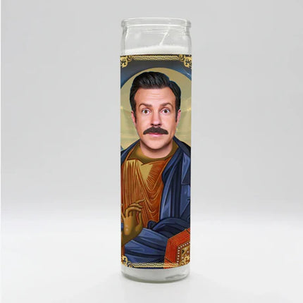 Candle with a portrait of a character on a white background