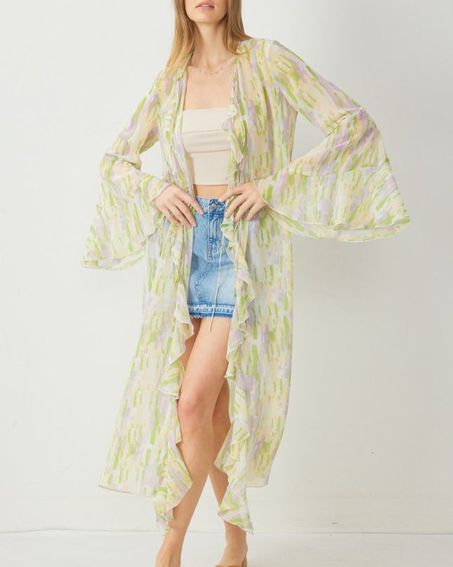 watercolor light green and light purple sheer kimono with front ruffle and small bead detail on tie front