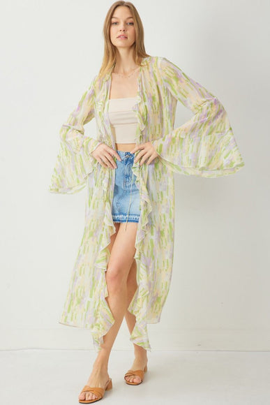 watercolor light green and light purple sheer kimono with front ruffle and small bead detail on tie front