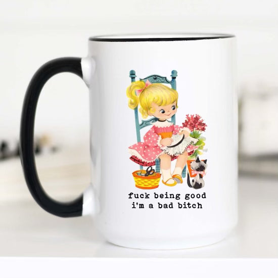 little blonde girl in a rocking chair next to a cat. cottage core look. text says fuck being good i'm a bad bitch