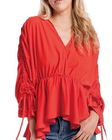 Ruched Sleeve V Blouse
