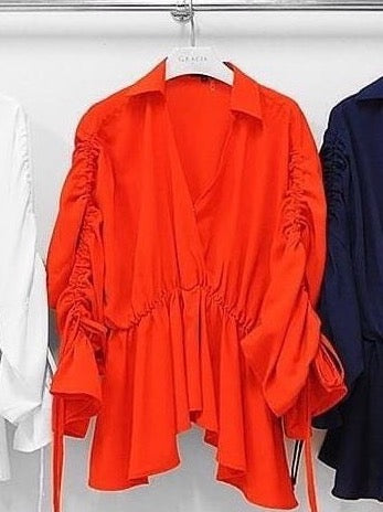 Ruched Sleeve V Blouse