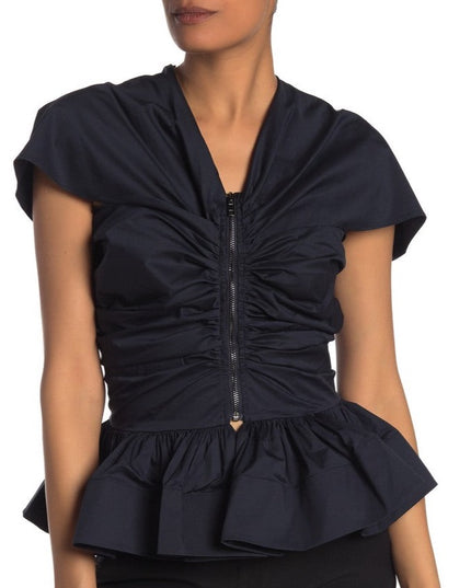navy ruched top with visible zipper down the front and cap sleeves