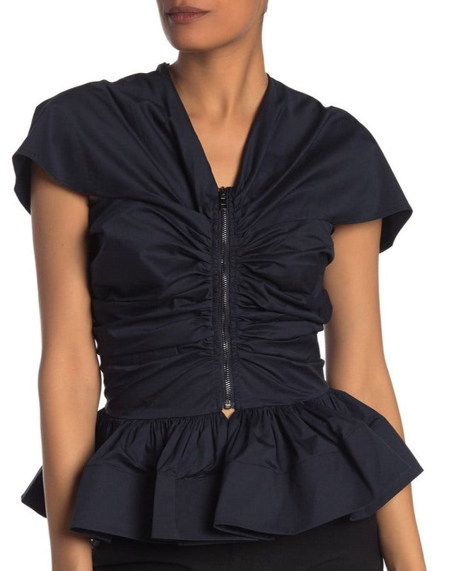navy ruched top with visible zipper down the front and cap sleeves