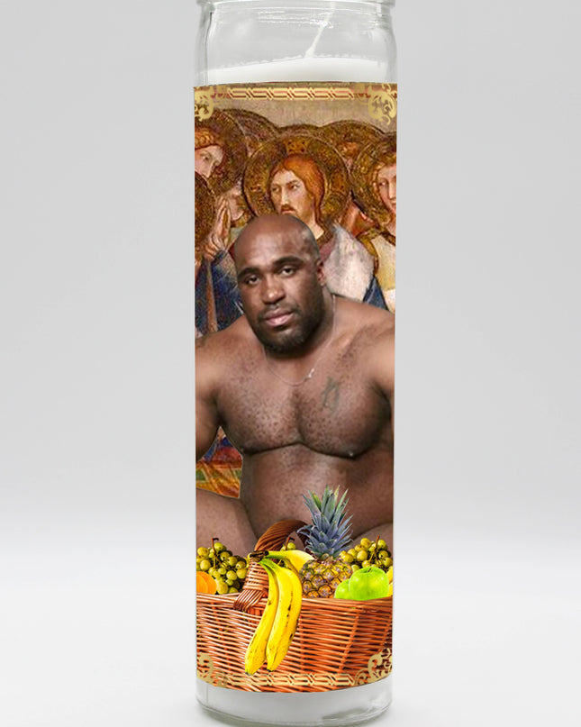 Barry wood sitting on bed meme with a  fruit basket in front of him on a candle 