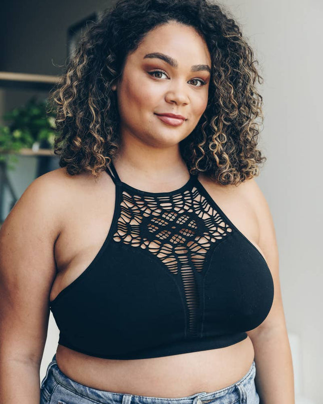 Floral Cutout High Neck Bralette-Plus