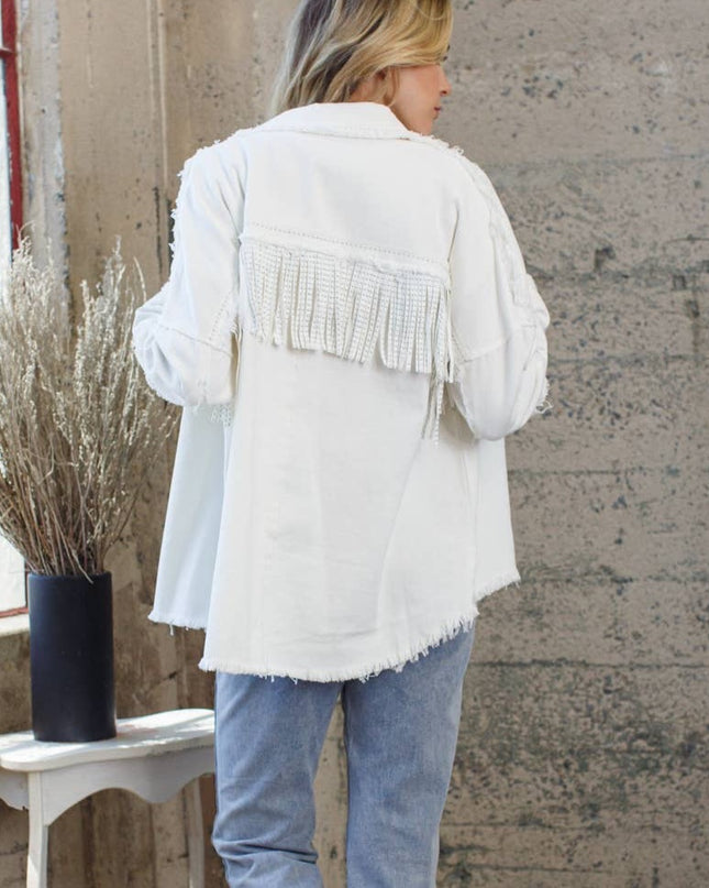 Plus Rhinestoned Cowgirl Fringe Jacket- White