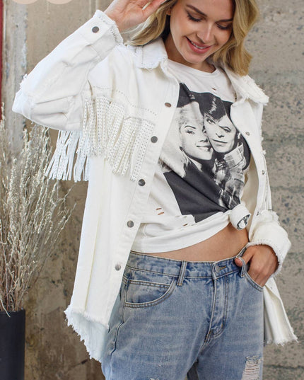 Plus Rhinestoned Cowgirl Fringe Jacket- White