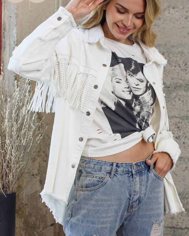 Plus Rhinestoned Cowgirl Fringe Jacket- White