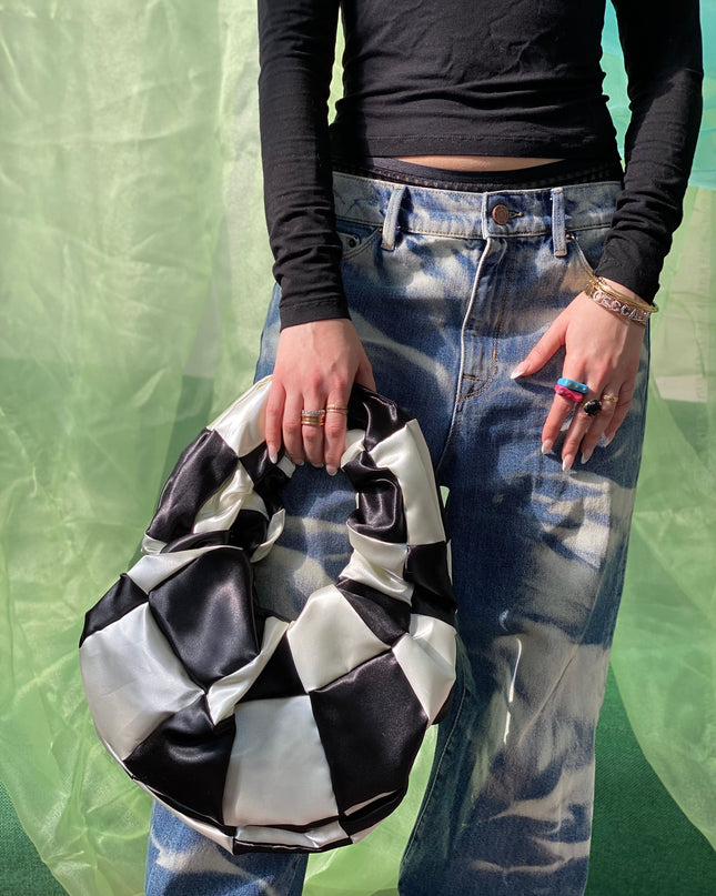 room shop patchwork baguette bag- black and white
