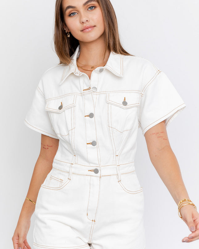 denim doll romper- white