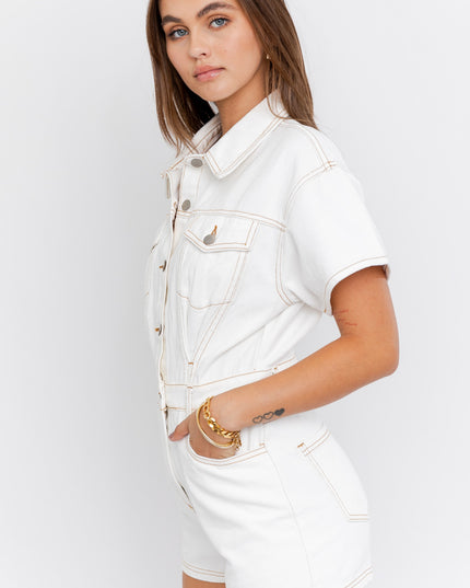 denim doll romper- white