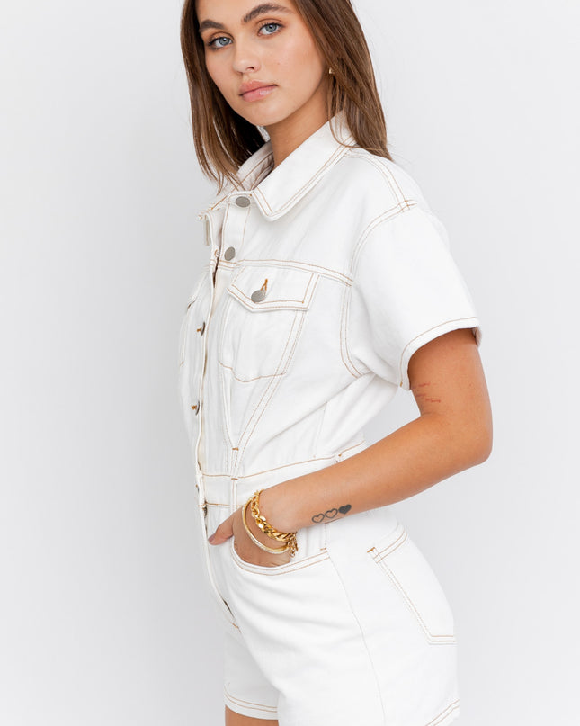 denim doll romper- white